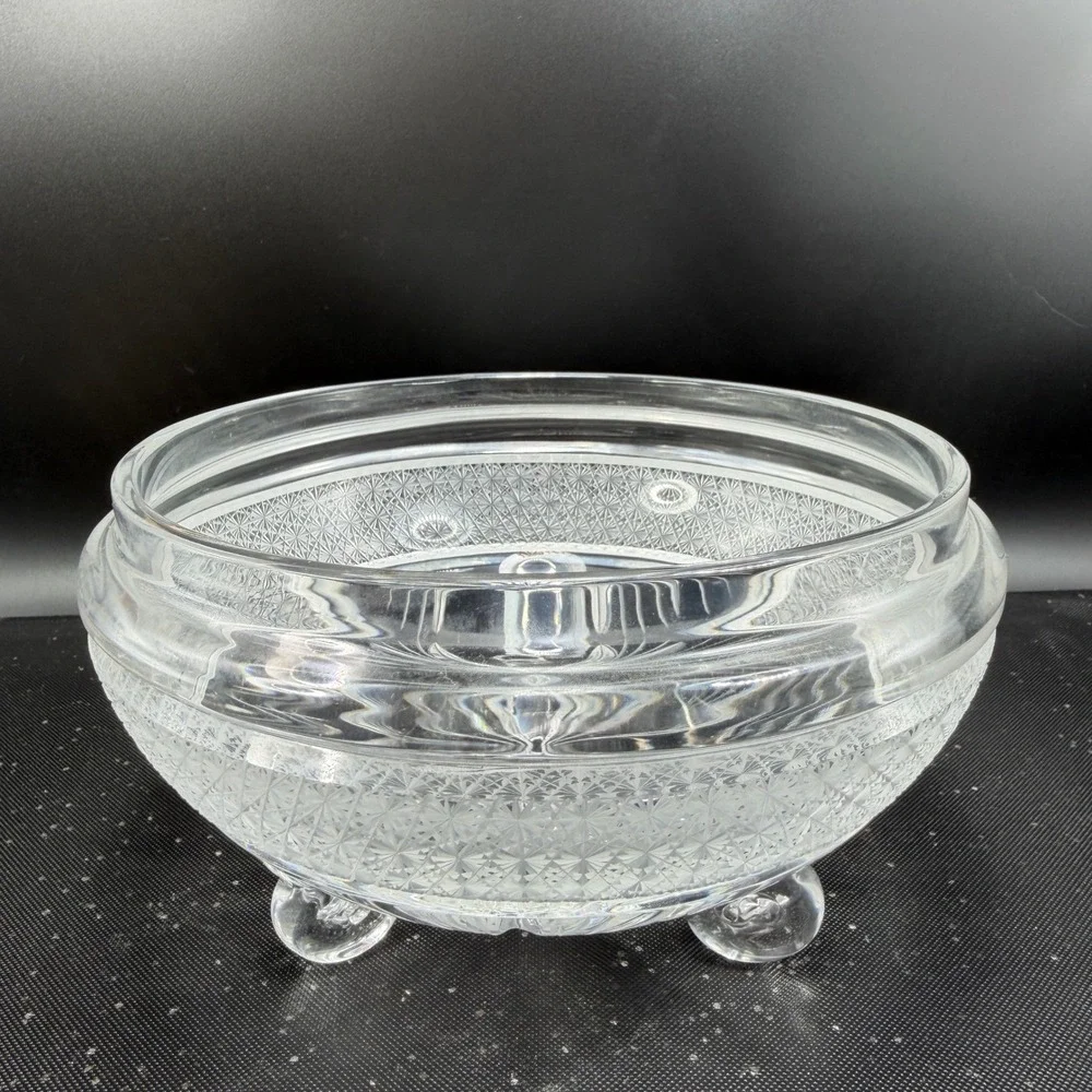 Signed Heavy Clear Crystal‎ Footed Bowl Etched Starburst Pattern Vintage Decor
